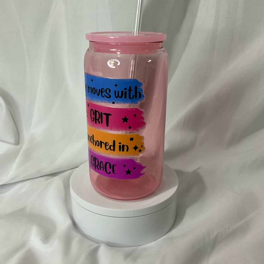 16 Ounce Handmade Light Pink Glass Can Cup w/Lid & Straw - Picture 3 of 5